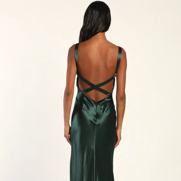 Lulus Perfectly Classy Emerald Green Satin Strappy Maxi Dress - Size XS - Picture 1 of 6